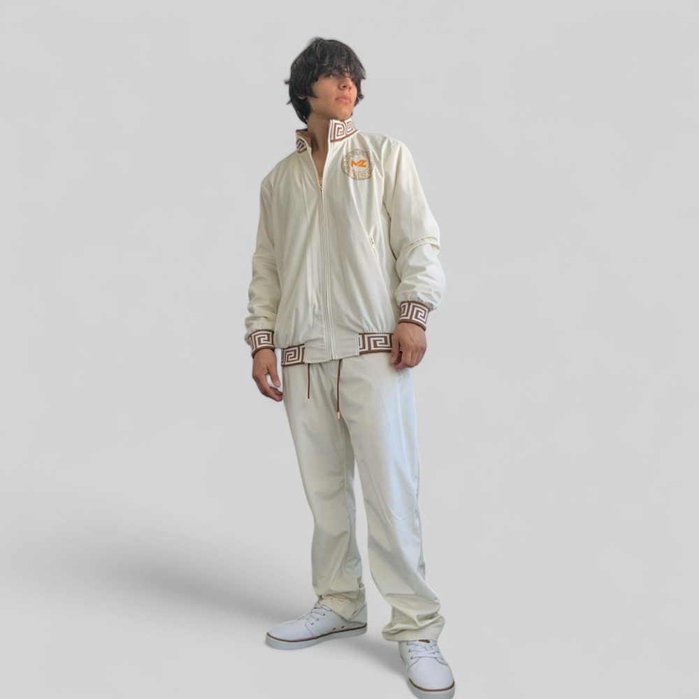 Men’s Manzini Off White | Brown Velvet Rhinestone Causal Tracksuits NWT